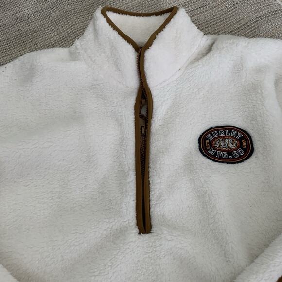 Hurley Pullover Jacket Mens Large Faux Fur Sherpa 1/4 Zip Relaxed Elbow Patches - Picture 3 of 10
